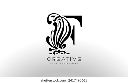 Elegant F Luxury Logo. Black Floral Alphabet Logo with Flowers Leaves. Perfect for Fashion, Jewelry, Beauty Salon, Cosmetics, Spa, Hotel and Restaurant Logo.