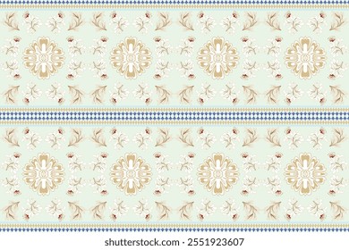 Elegant fabric design featuring soft floral patterns, beige blossoms, delicate white accents, and symmetrical arrangements on a pastel green background with decorative borders