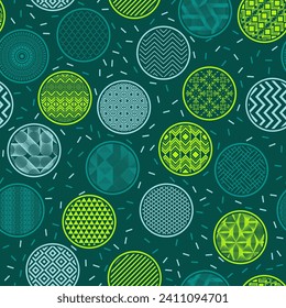 Elegant fabric print geometric endless ornament. Round shapes with geometric patterns inside. Chinese motives in bubbles. Mottled texture background. Toy wrapper design.