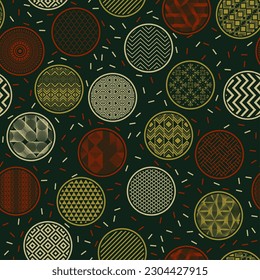 Elegant fabric print geometric seamless pattern. Bubble shapes with fantasy abstractions inside. Korean motives in circles. Dotted texture background. Toy wrapper design.