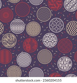 Elegant fabric print vector endless pattern. Circular shapes with geometric abstractions inside. Korean motives in circles. Mottled texture background. Toy wrapper design.