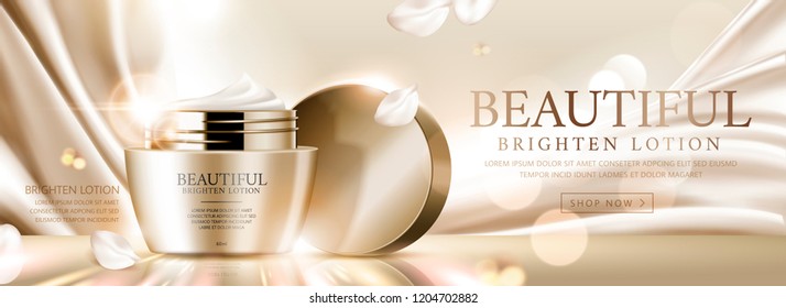 Elegant face cream banner ads on golden satin and glittering background, 3d illustration