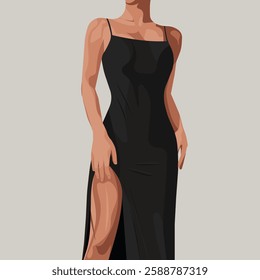 Elegant faceless fashion illustration of a woman in a black dress with a thigh-high slit. Minimalist and stylish vector artwork, perfect for branding, posters, and social media design.