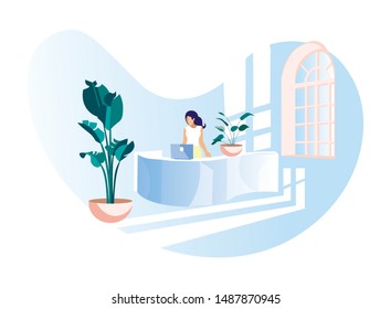 Elegant Faceless Female Office Assistant In Formal Wear At Work. Business Administration And Lobby Service. Cartoon Woman Secretary Or Receptionist Working On Laptop. Vector Flat Illustration