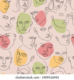Elegant faces collections seamless pattern. One line drawing faces vector wallpaper background. Beauty minimalist. Aesthetic seamless pattern. Avant garde wrapping and scrapbooking template
