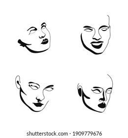 Elegant faces silhouette collections. One line drawing faces. Fashion concept, male and female beauty minimalist. Aesthetic art. Pretty face, profile. Modern art. Avant garde style illustrations.