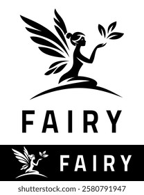 Elegant fairy logo design featuring a fairy silhouette with wings and leaves in black and white