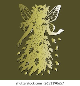 Elegant fairy silhouette with butterfly wings and a dress made of oak leaves. Fantasy vector autumn illustration in shades of gold on a dark background. Magical, nature inspired beautiful design.