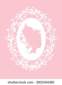 elegant fairy tale queen or princess wearing crown with rose flowers and butterfly among blooming branches - royal head portrait vector silhouette design