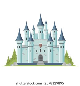 Elegant fairytale castle with blue towers and trees. Vector illustration