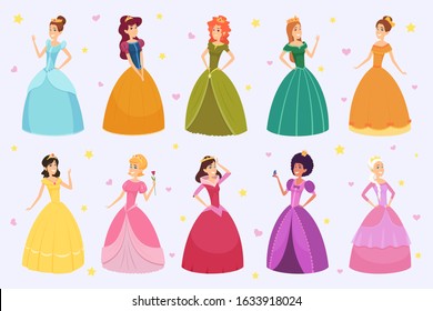 Elegant fairytale woman. Cartoon young beautiful princess fantasy fashioned childrens in colored costumes and dresses vector