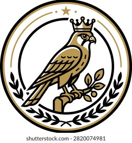 Elegant falcon perched on a branch, adorned with a crown, surrounded by decorative elements