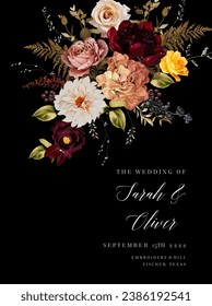 Elegant fall dark frame, arranged leaves and flowers. Orange garden rose, white dahlia, astilbe, ranunculus, berry, dried fern vector design. Masterpiece style. Autumn card. Isolated and editable