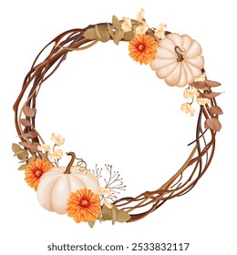 An elegant fall wreath with beige pumpkins, bright orange dahlias and eucalyptus intertwined with rustic vines. This seasonal decoration adds coziness and festivity to fall celebrations. Vector.