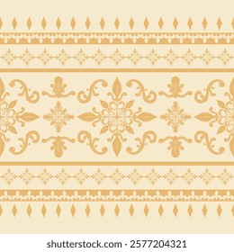 Elegant Fancy Detailed Luxury Border Pattern. High Class Scroll Ornament with Gold Silk Florals Decoration on Beige Background. Expensive Elaborate Victorian Stripe Exquisitely Beautiful Embroidery.