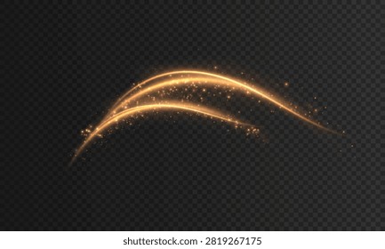 Elegant fantasy light effect isolated as PNG. Shimmering golden magic trail with glowing glitter and floating stardust. 