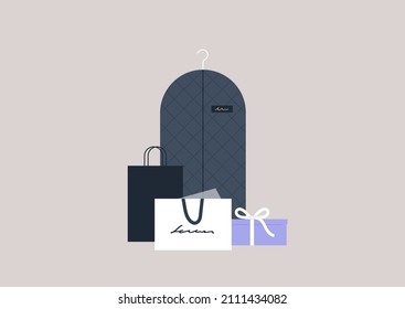 Elegant fashion boutique shopping, clothes packed in boxes, bags, and protecting suit covers