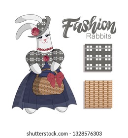 Elegant Fashion bunny rabit in blue dress on a white background. Bright cute character for greeting cards, prints, posters. Hand letterin "Fashion". Set of seamless patterns. Vector graphics