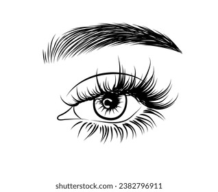 Elegant Fashion Illustration of an Eye with Luxurious Makeup and Naturally Styled Eyebrows. A Hand-Drawn Vector Concept Ideal for Business Cards, Templates, Web Design, Salon Banners, and Brochures. 