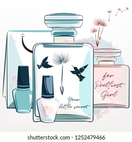 Elegant fashion illustration with perfume bottles and make up things