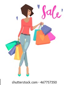 An elegant fashion woman with shopping bags, a shopping girl for design banner, on white background, with sign sale and hearts around. Vector illustration