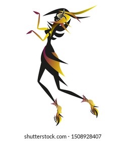Elegant fashion woman wearing yellow and black skirt and high heels is dancing. Vector artistic illustration.