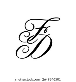 Elegante logotipo de monografia FD em preto Script - Caligrafia de luxo Design inicial em fundo branco