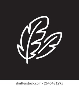 Elegant feather graphic. Two feathers shown as a white outline on a black background. Simple and clean vector illustration.