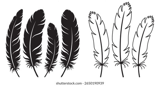Elegant Feather Illustration Featuring Various Styles and Forms, Displaying Both Solid and Outline Designs, Against a Clean White Background