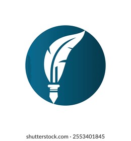 Elegant Feather Pen Icon on Blue Circle Background