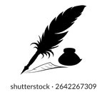 Elegant feather pen logo design, perfect for stationery brands, Black and White Feather Quill Pen Silhouette, quill pen, feather pen, inkwell, writing, literature, vintage, art, silhouette, black and