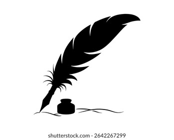 Elegant feather pen logo design, perfect for stationery brands, Black and White Feather Quill Pen Silhouette, quill pen, feather pen, inkwell, writing, literature, vintage, art, silhouette, black and