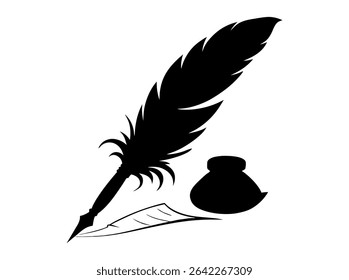 Elegant feather pen logo design, perfect for stationery brands, Black and White Feather Quill Pen Silhouette, quill pen, feather pen, inkwell, writing, literature, vintage, art, silhouette, black and