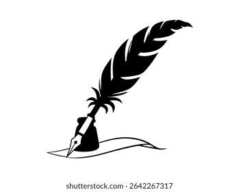 Elegant feather pen logo design, perfect for stationery brands, Black and White Feather Quill Pen Silhouette, quill pen, feather pen, inkwell, writing, literature, vintage, art, silhouette, black and