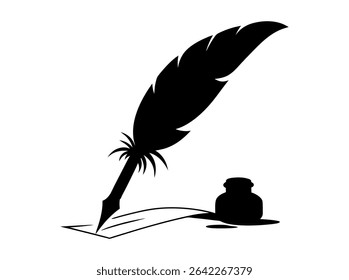 Elegant feather pen logo design, perfect for stationery brands, Black and White Feather Quill Pen Silhouette, quill pen, feather pen, inkwell, writing, literature, vintage, art, silhouette, black and