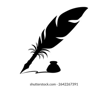 Elegant feather pen logo design, perfect for stationery brands, Black and White Feather Quill Pen Silhouette, quill pen, feather pen, inkwell, writing, literature, vintage, art, silhouette, black and