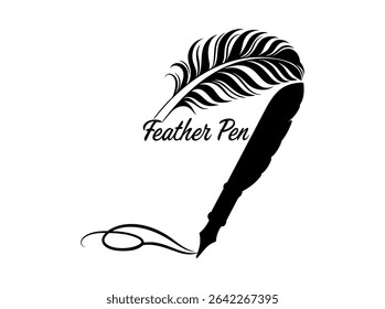 Elegant feather pen logo design, perfect for stationery brands, Black and White Feather Quill Pen Silhouette, quill pen, feather pen, inkwell, writing, literature, vintage, art, silhouette, black and