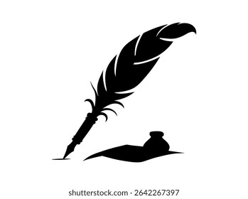 Elegant feather pen logo design, perfect for stationery brands, Black and White Feather Quill Pen Silhouette, quill pen, feather pen, inkwell, writing, literature, vintage, art, silhouette, black and