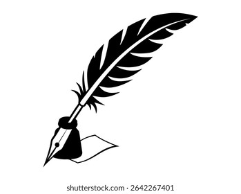 Elegant feather pen logo design, perfect for stationery brands, Black and White Feather Quill Pen Silhouette, quill pen, feather pen, inkwell, writing, literature, vintage, art, silhouette, black and