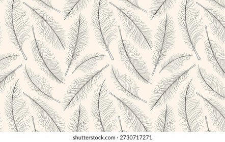 Elegant feather seamless pattern. Contour botanical background in beige boho style. Vector surface design, Hero image in line art style