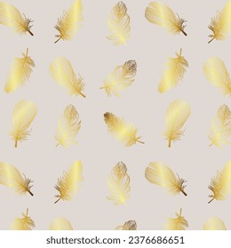 Diseño elegante de paredes de plumas. Lujosa decoración de pared hecha a mano con plumas de pájaro, alas, textura dorada. Diseño de textura de lámina brillante para papeles pintados, pancartas, impresiones, cubiertas e interiores.	