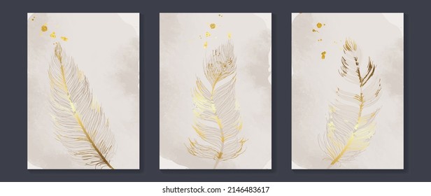 Elegant feather wall art template. Luxury hand drawn wall decoration with bird feathers, wings, gold watercolor. Shining foil texture design for wallpaper, banner, prints, covers and interior.