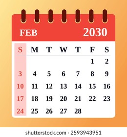 Elegant February 2030 calendar with a romantic red accent. Ideal for Valentine’s Day plans, managing work deadlines, and daily organization.