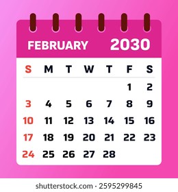 Elegant February 2030 calendar with a romantic pink accent. Ideal for Valentine’s Day planning, work schedules, and personal organization