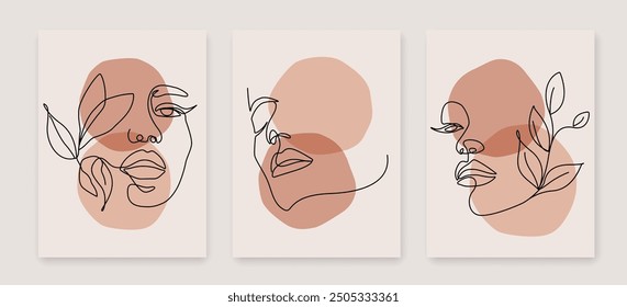 Elegant Female Face Beauty Boho Drawing Prints Wall Art Set. Woman Fashion Minimal Trendy Illustration. Woman with Flowers Minimal Drawing for Wall Art, Home Decor, Fashion Design. Vector EPS 10