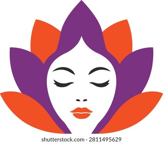 Elegant female face illustration surrounded by purple and orange lotus petals. Perfect for beauty salons, spa services, skincare, cosmetics, yoga studios, meditation, wellness brands, and feminine branding