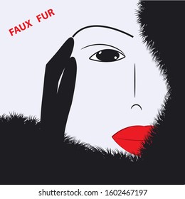 Elegant female face, red lips - black fur with a long pile - isolated on white background - vector. Salon of fur clothes.