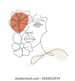 Elegant female faces in line art style with flowers, leaves, in boho colors. Continuous line art for logo, posters, cosmetics, postcards. Beautiful women's faces with flowers vector illustration.