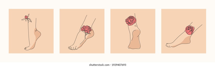 Elegant female feet with flowers. Human legs and heels and the roses and peonies depicted on them. Trendy vector illustration in minimalistic style. Plants as a tattoo.
