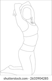 Elegant female figure kneeling with arms raised in a stretching pose. Minimalist outline sketch of a woman in activewear, ideal for fitness, yoga, or wellness-themed illustrations.